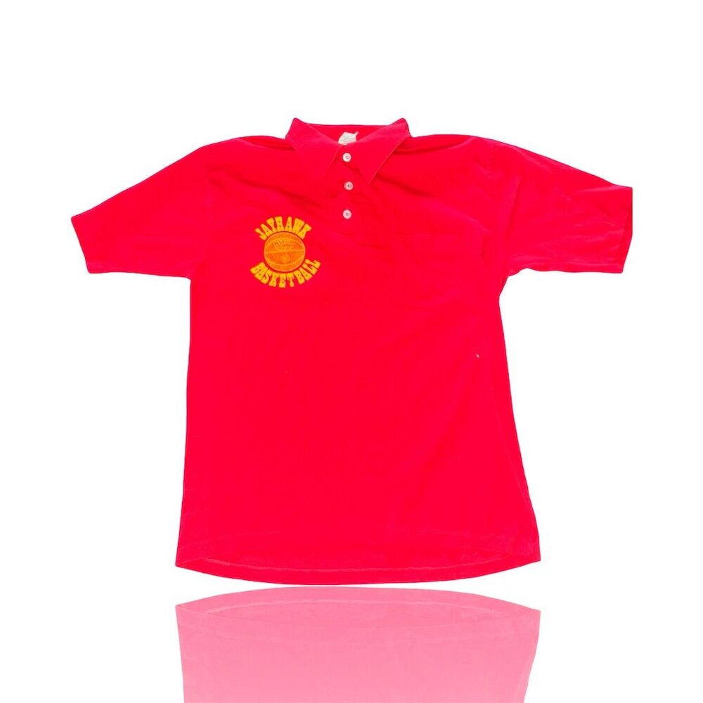 Vintage 80’s 70’s Red Graphic Polo Shirt: Jayhawk Basketball Coaches Gear
